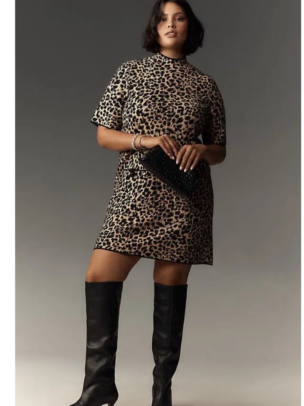 Anthropologie Maeve Knit Leopard Print Short Sleeve Dress in Black and Tan Large